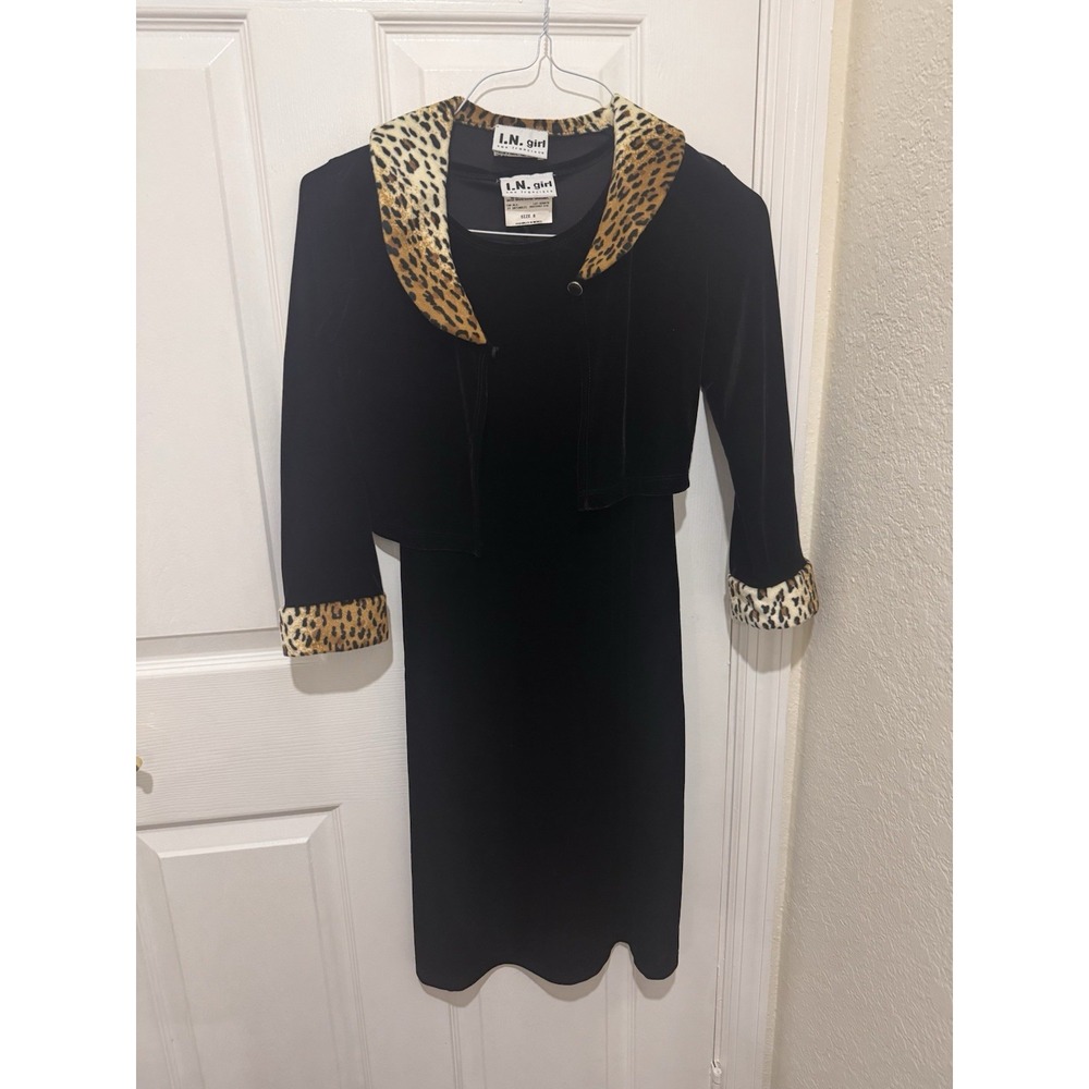 I.N. Girl Girls Vtg Black Velvet Dress & Cropped Jacket Set Leopard Faux Fur 8